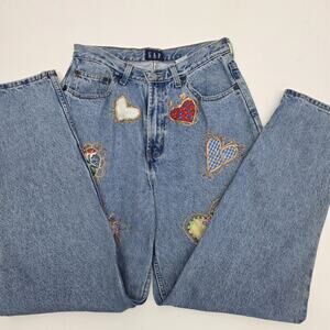 Custom Vintage Gap Jeans Puff Paint Hearts Reverse Fit Size 10 High Waist Light